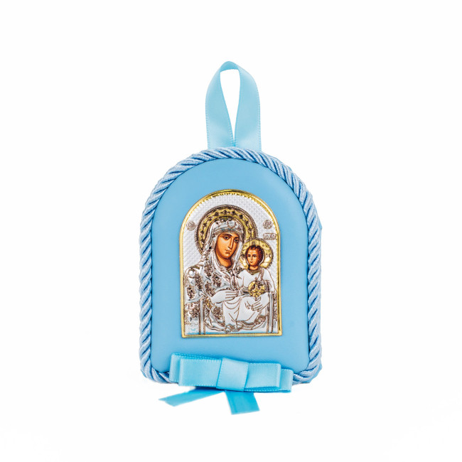 Срібна дитяча іконка Єрусалимська Божа Матір 8х10см на синій подушечці