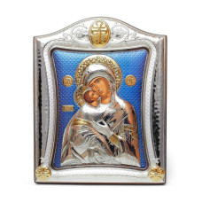 Срібна Ікона Володимирська Божа Мати 20х25см у срібній рамці, прикрашена позолотою із синім фоном.
