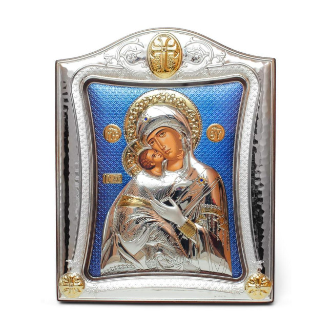 Срібна Ікона Володимирська Божа Мати 20х25см у срібній рамці, прикрашена позолотою із синім фоном.