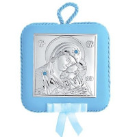 Срібна дитяча іконка Богородиця Глікофіліуса "Зворушення" на синій подушечці з музикою 10,5х10,5 см