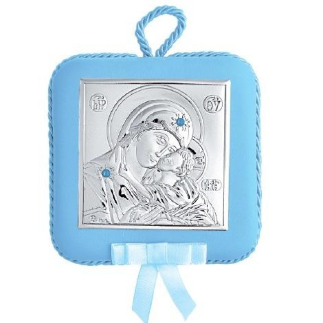 Срібна дитяча іконка Богородиця Глікофіліуса "Зворушення" на синій подушечці з музикою 10,5х10,5 см