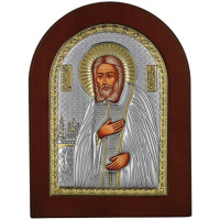Серебряная икона Серафим Саровский 15х21см в коричневом дереве
