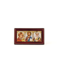 Иконки в салон авто триптих c разноцветной эмалью на дереве, иконостас в машину - автомобильная икона  9,3х5см