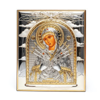 Серебряная Икона Семистрельная Богородица 16,3х19,2см прямоугольной формы без рамки