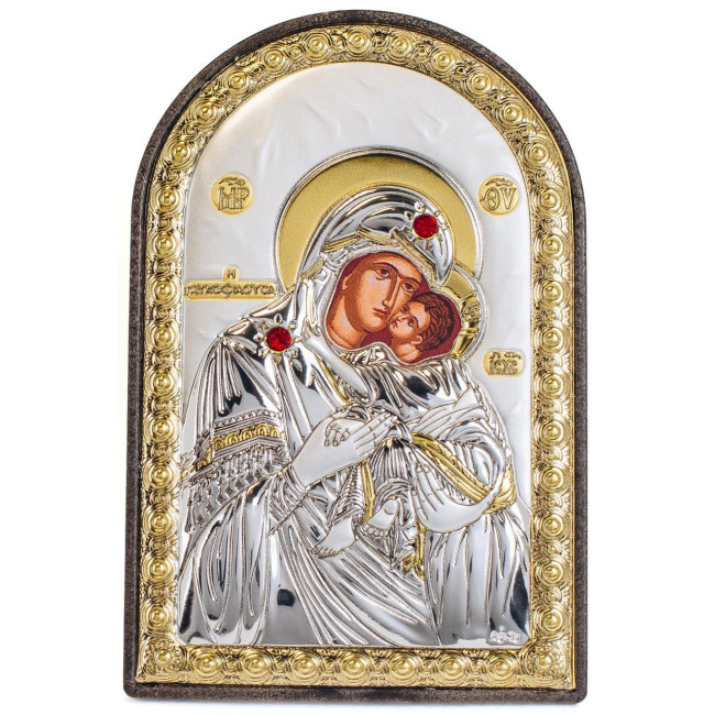 Срібна Ікона Богородиця Розчулення Солодке Цілування 10х14см аркової форми на пластиковій основі