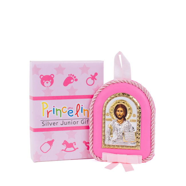 Дитяча Іконка на рожевій подушечці Спаситель Ісус 8х10см