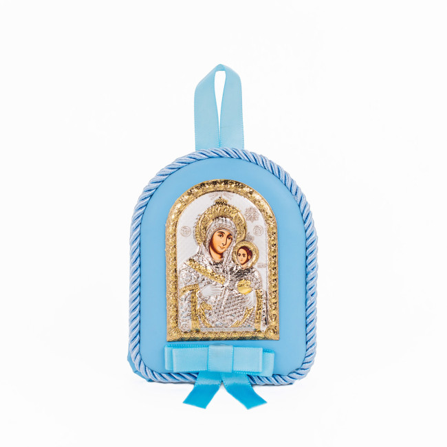 Детская Иконка на синей подушечке Вифлеемская Божья Матерь 8х10см в серебре