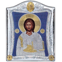 Срібна Ікона Спаситель Ісус 15,5х19,5см у срібній рамці, прикрашена синьою емалью на тлі