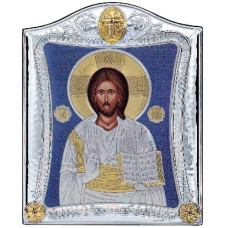 Срібна Ікона Спаситель Ісус 15,5х19,5см у срібній рамці, прикрашена синьою емалью на тлі
