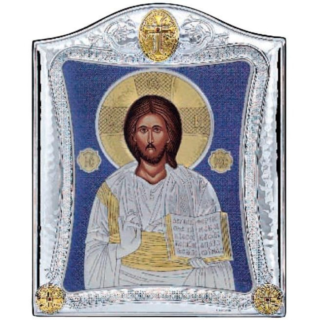 Срібна Ікона Спаситель Ісус 15,5х19,5см у срібній рамці, прикрашена синьою емалью на тлі