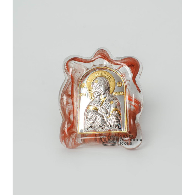 Срібна Ікона Володимирська Богородиця у червоному склі мурано 7х9см