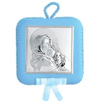 Серебряная детская иконка 10,5х10,5см Мадонна с Младенцем (Роберто Ферруццы) - с музыкой для мальчика