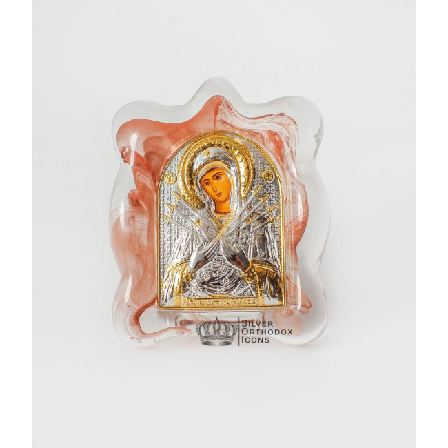 Срібна Ікона Семистрільна Божа Матір у червоному склі мурано 7х9см