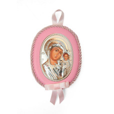 Серебряная детская иконка Казанская Божья Матерь 10х12,5см на розовой подушечке для девочки