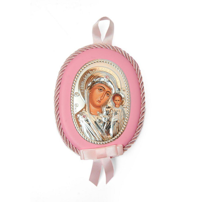 Серебряная детская иконка Казанская Божья Матерь 10х12,5см на розовой подушечке для девочки