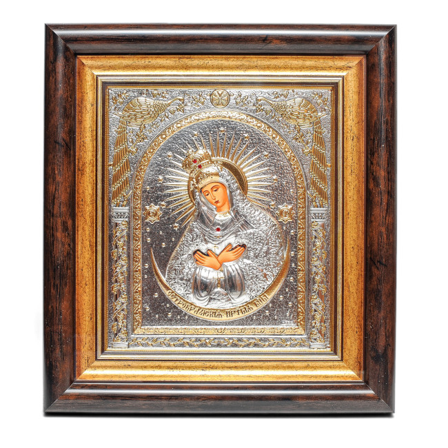 Срібна Ікона Остробрамська Божа Матір 25,7х23,3см у прямокутному кіоті під склом