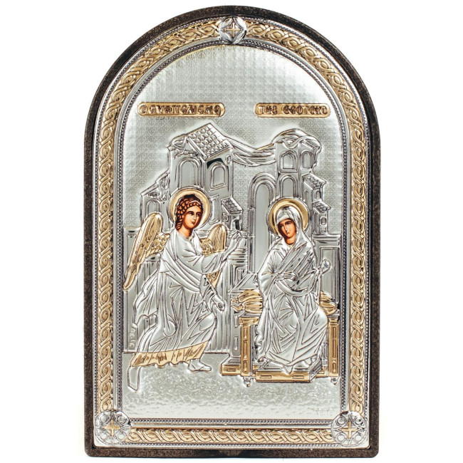 Срібна Ікона Благовіщення Божої Матері 10х14см аркової форми на пластиковій основі
