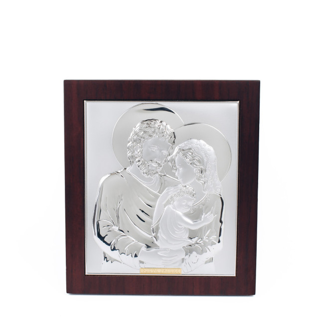 Срібна ікона Свята Сім'я прямокутної форми 21,9х19,5см у коричневій рамці