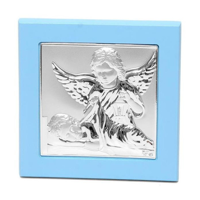 Дитяча Іконка Ангела Охоронця 15x15см у сріблі, вкрита різнокольоровою емаллю, у синьому кіоті