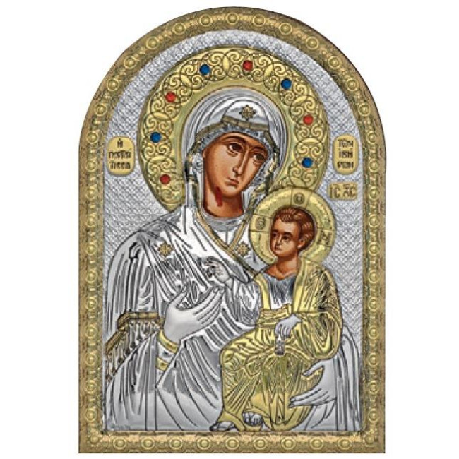 Серебряная Икона Божья Матерь Иверская 10х14см арочной формы на пластиковой основе