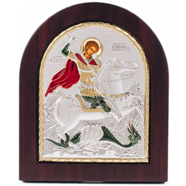 Икона Георгий Победоносец 13х11см в серебряном окладе 925 с эмалью