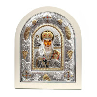 Серебряная икона Николая Чудотворца 18x22см в белом дереве