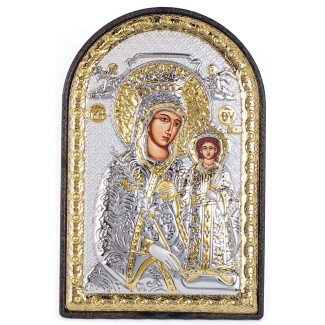 Срібна Ікона Божа Матір Нев'янучий Цвіт 10х14см аркової форми на пластиковій основі