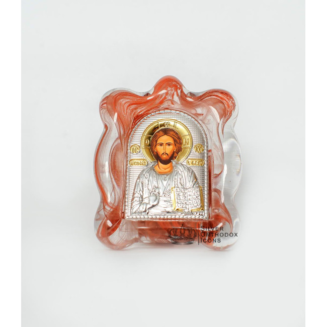 Ікона срібна Спаситель Ісус у червоному муранському склі 7х9см