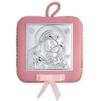 Серебряная детская иконка Богородица Гликофилиуса Умиление на розовой подушечке с музыкой 10,5х10,5 см