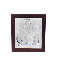 Срібна ікона Свята Сім'я прямокутної форми 28,6х24,8 см у коричневій рамці