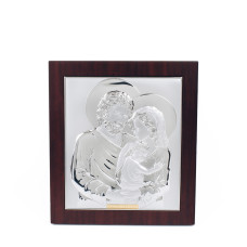 Срібна ікона Свята Сім'я прямокутної форми 28,6х24,8 см у коричневій рамці