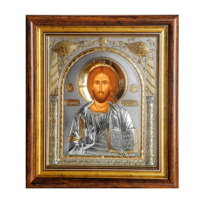 Срібна Ікона Ісуса Христа Спасителя 30,5х28,5см у прямокутному кіоті під склом