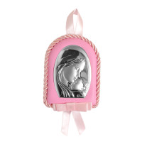 Серебрняная детская иконка Мария с Младенцем 7х9см украшена эмалью на розавой подушечке