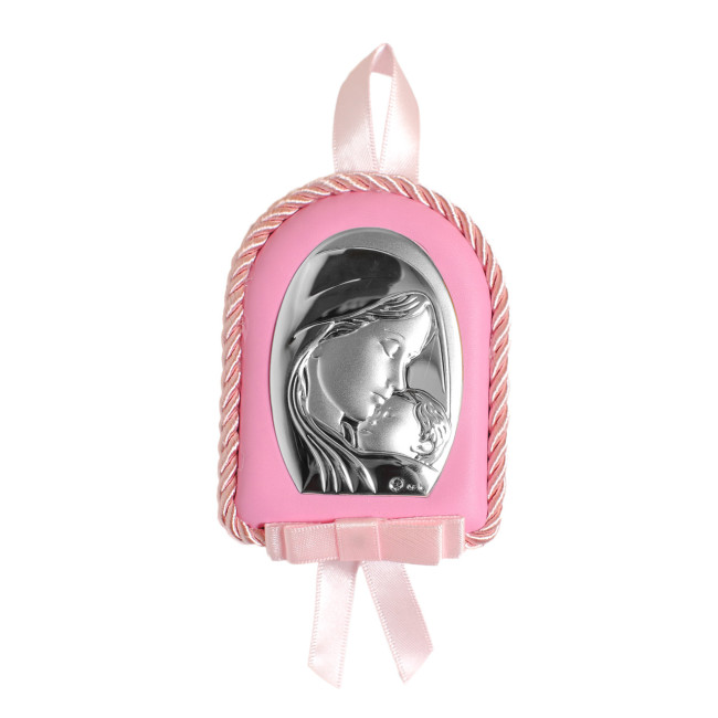 Серебрняная детская иконка Мария с Младенцем 7х9см украшена эмалью на розавой подушечке