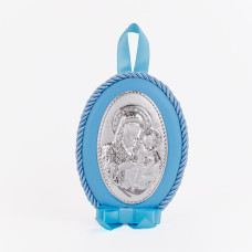 Срібна дитяча іконка Єрусалимська Божа Матір 8х11см на синій подушечці