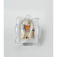 Срібна Ікона Миколая Чудотворця у білому склі мурано 7х9 см