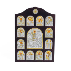 Серебряный Большой Иконостас со Святым Георгием 42х28м оклад 925 пробы с позолотой