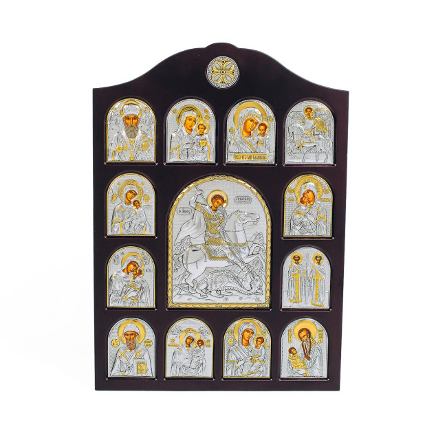 Серебряный Большой Иконостас со Святым Георгием 42х28м оклад 925 пробы с позолотой