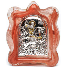Срібна Ікона Георгій Побідоносець у червоному склі мурано 7х9см