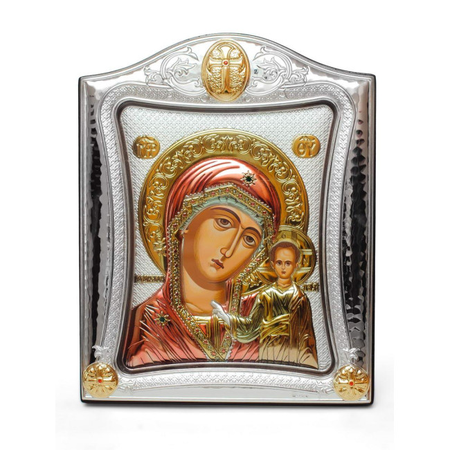 Серебряная Икона Казанская Божья Матерь 15,5х19,5см в серебренной рамке украшена позолотой и эмалью