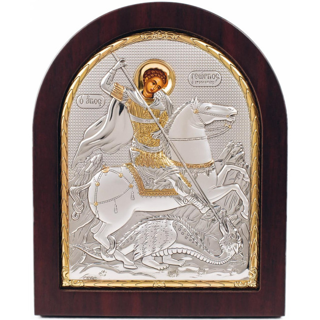 Икона Георгий Победоносец 19х15см в серебряном окладе 925 и позолоте