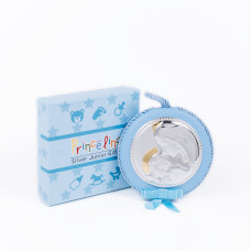 Детская серебряная иконка Мадонна с Младенцем d10,5см на круглой синей подушечке с музыкой