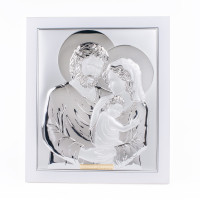 Срібна ікона Свята Сім'я прямокутної форми 28,6х24,8 см у білій рамці