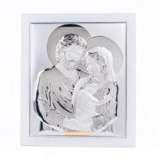 Срібна ікона Свята Сім'я прямокутної форми 28,6х24,8 см у білій рамці
