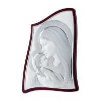 Серебряная икона Мария с Младенцем  7,5х6см на деревяном киоте волнистой формы