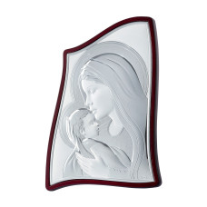 Срібна ікона Марія з Немовлям 7,5х6см на дерев'яному кіоті хвилястої форми