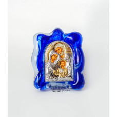 Серебряная Икона Святая Семья в синем муранском стекле 7х9см