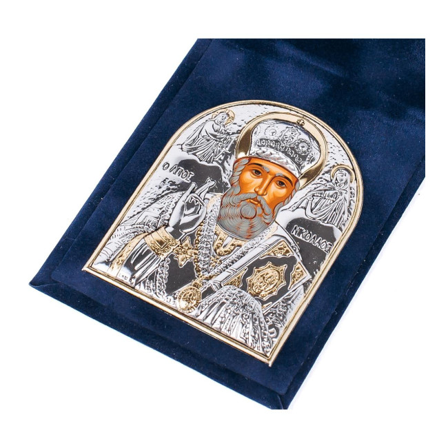 Ікона-складень Миколай Чудотворець 5,5х7см срібна в оксамитовій книжечці