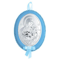 Детская Иконка на синей подушечке  Божья Матерь Отрады и Утешение 12x15,5см в серебре с музыкой