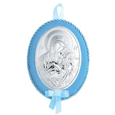 Детская Иконка на синей подушечке  Божья Матерь Отрады и Утешение 12x15,5см в серебре с музыкой